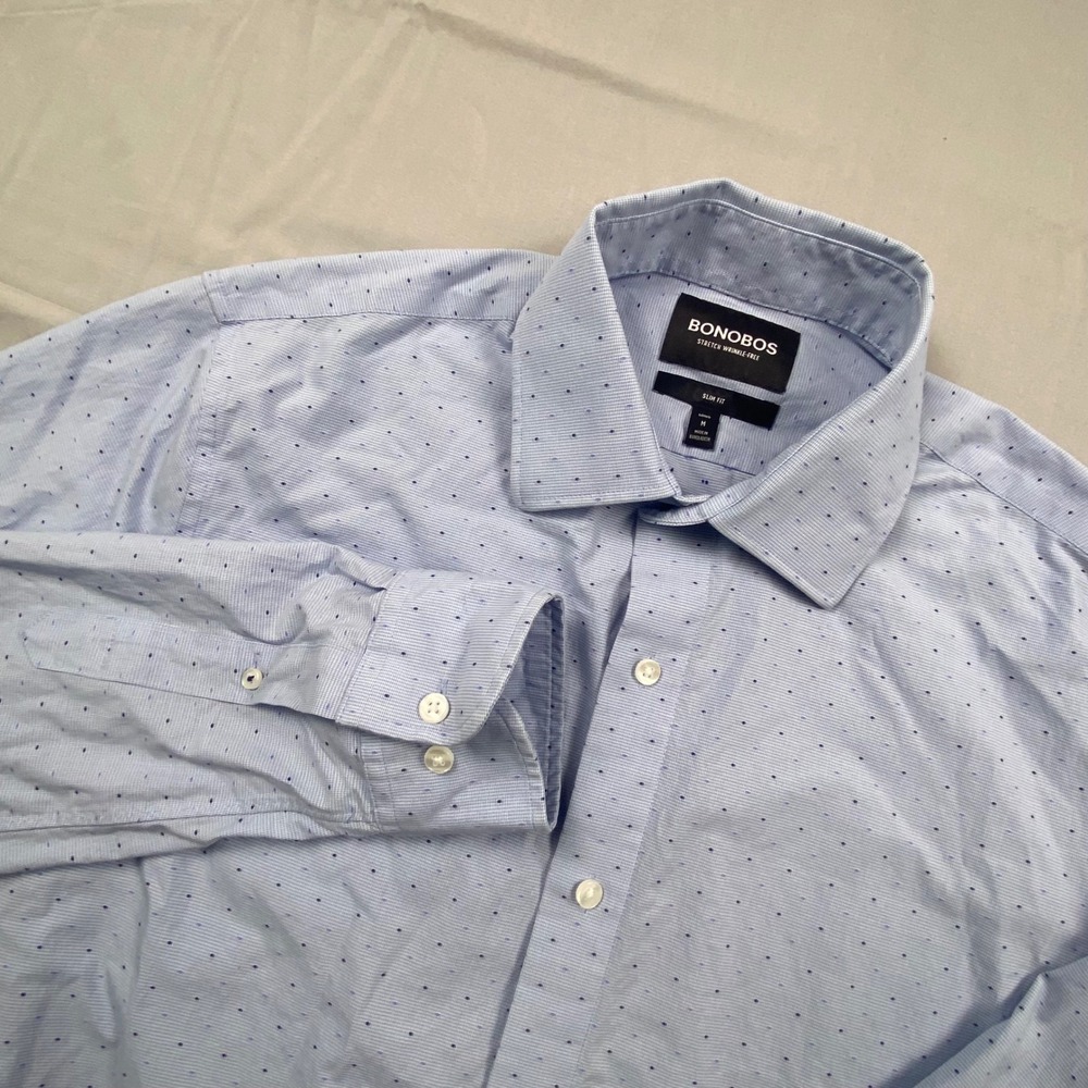 Bonobos Slim Fit Stretch Wrinkle-Free Shirt Mens M Light‎ Blue Polka Dot
